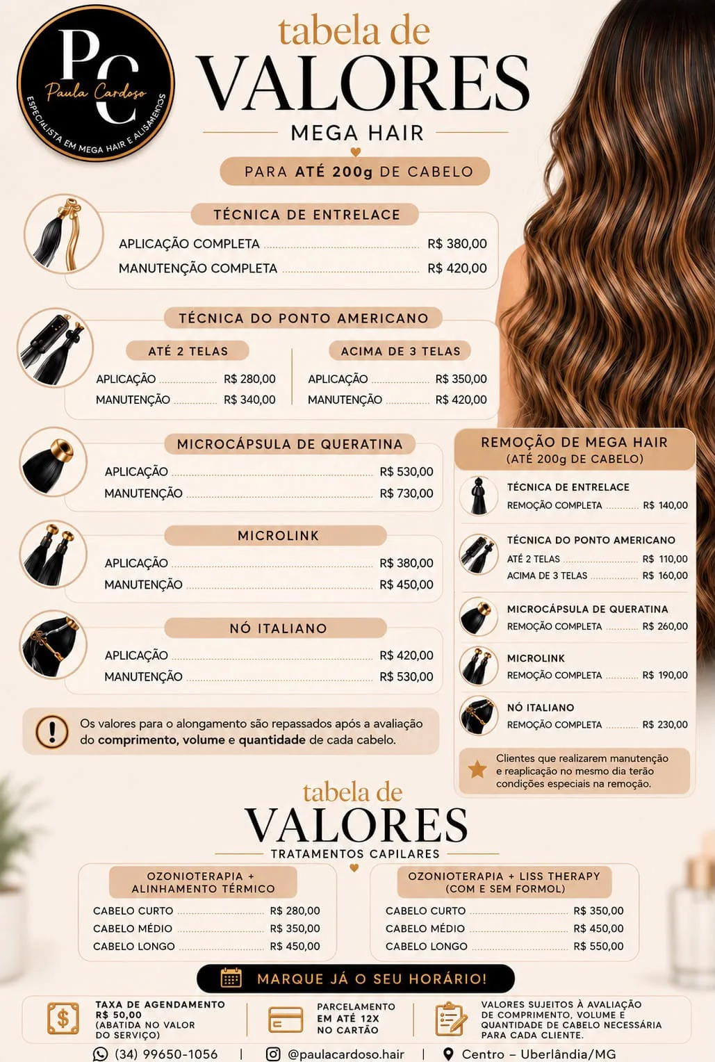 Tabela de valores de Mega Hair